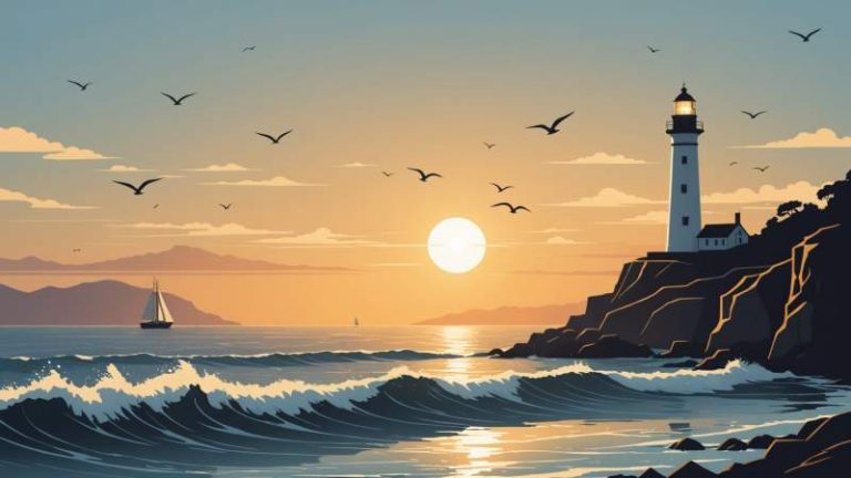 A minimalist vector illustration of a lighthouse on a rocky shore with gentle waves and seagulls, symbolizing the lighthouse lighting day in Australia.