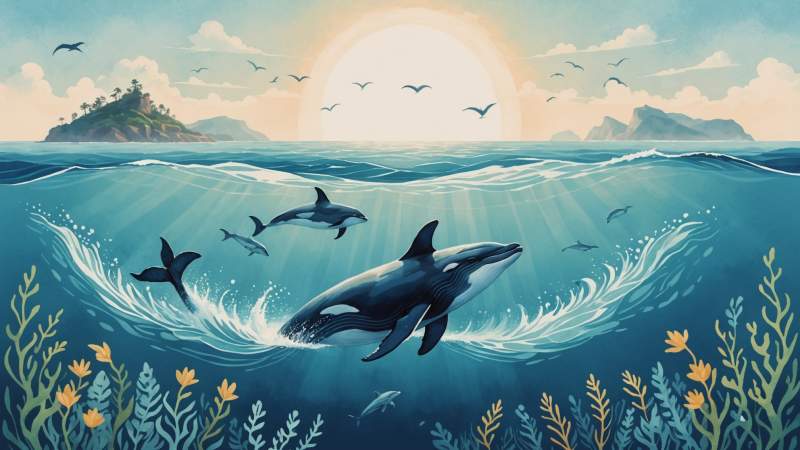 Stylized whale tail and dolphins in calm ocean waves symbolizing marine mammal protection in Australia.
