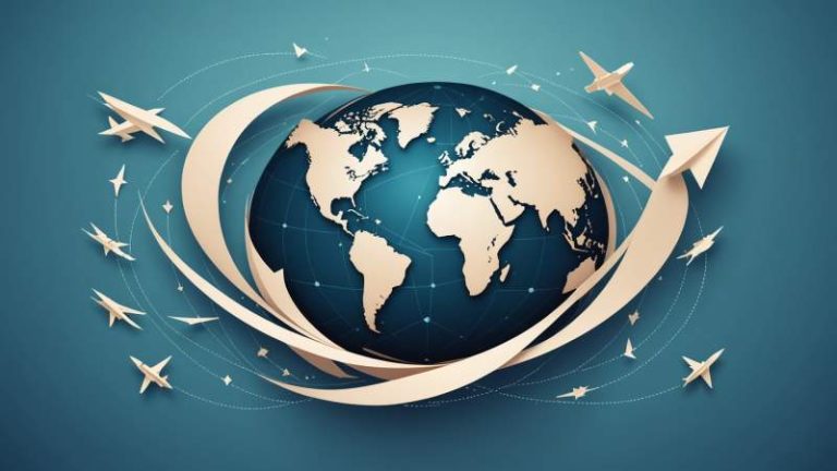 An abstract vector illustration showing a globe with migration paths and Australian cultural symbols representing International Migrants Day.
