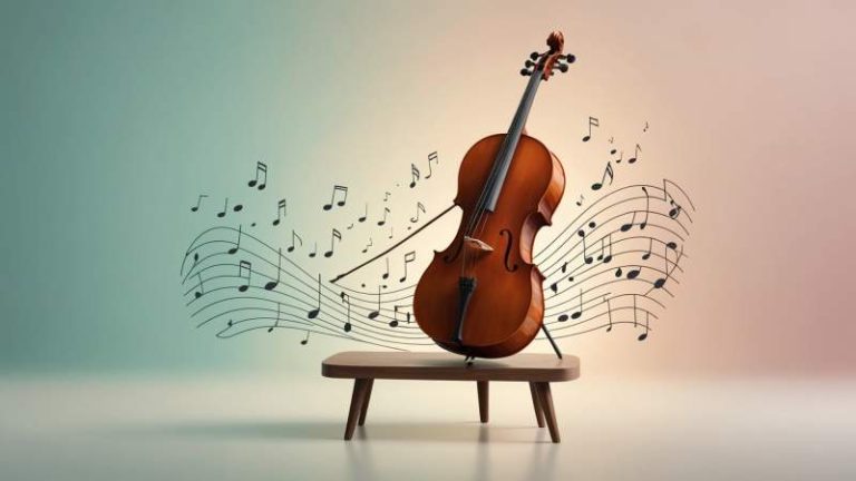 A minimalist illustration of a cello on a stand with floating musical notes symbolizing International Cello Day in Australia.