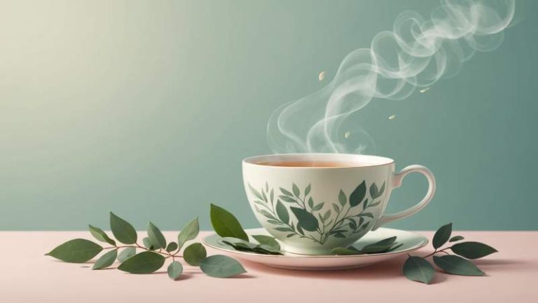 A steaming teacup surrounded by floating tea leaves and eucalyptus leaves symbolizing tea culture in Australia.