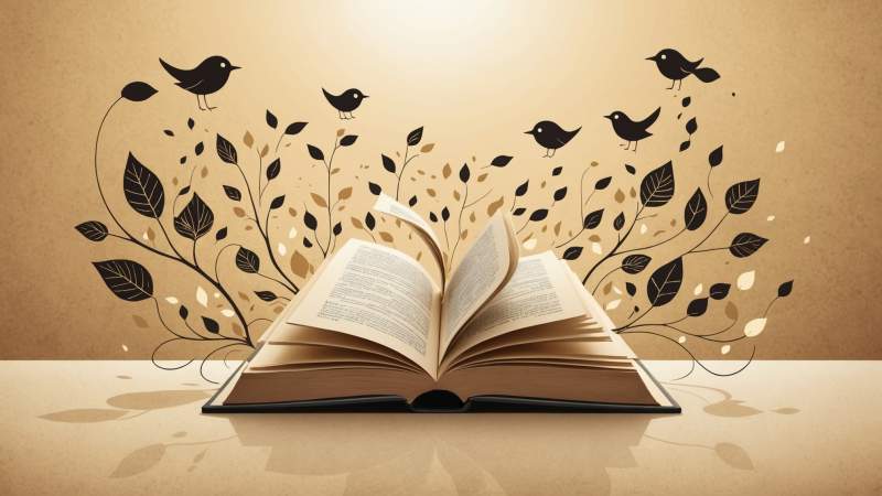 Illustration of open books and language symbols with Australian native flora in the background representing International Mother Language Day.