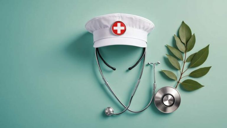 Illustration of nurse's cap, stethoscope, and medical cross with eucalyptus leaf symbolizing nursing care in Australia.