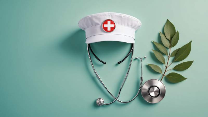Illustration of nurse's cap, stethoscope, and medical cross with eucalyptus leaf symbolizing nursing care in Australia.