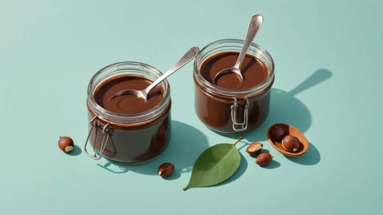 A minimalist illustration of a jar of chocolate hazelnut spread with eucalyptus leaves and hazelnuts, symbolizing Nutella day in Australia.