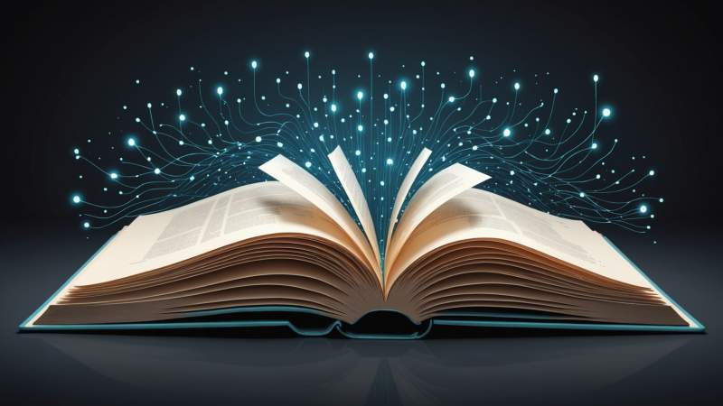 An elegant vector illustration of an open book with glowing pages and digital data streams symbolizing freedom of information in Australia.