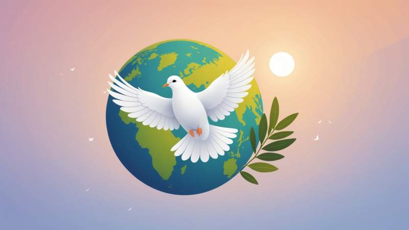 A white dove carrying an olive branch flying over a stylized globe highlighting Australia, symbolizing peace.