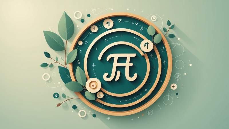 Minimalist illustration of a pi symbol with geometric shapes and an Australian eucalyptus leaf representing Pi Day in Australia.