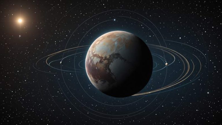 A minimalist vector illustration of Pluto with stars and orbit lines on a dark cosmic background symbolizing the dwarf planet.