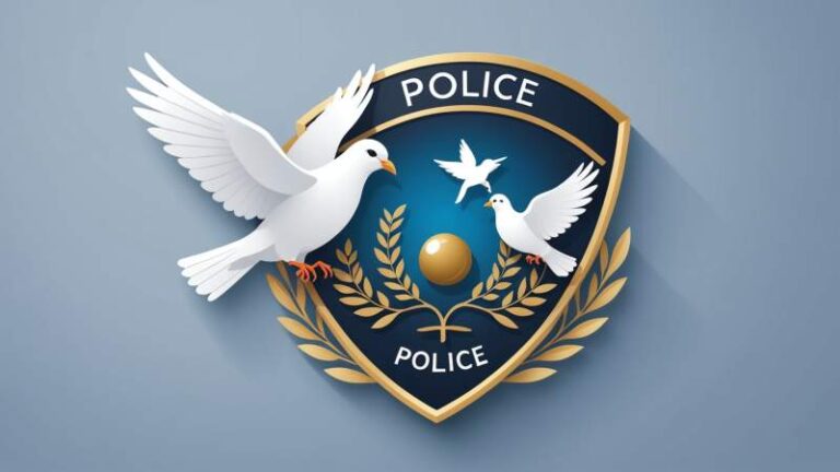A symbolic illustration showing a broken police badge and a white dove with an olive branch representing peace and justice in Australia.