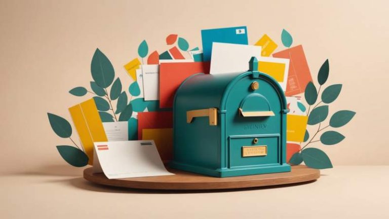 A vintage mailbox surrounded by colorful postcards with Australian cultural symbols, representing sending postcards to friends in Australia.
