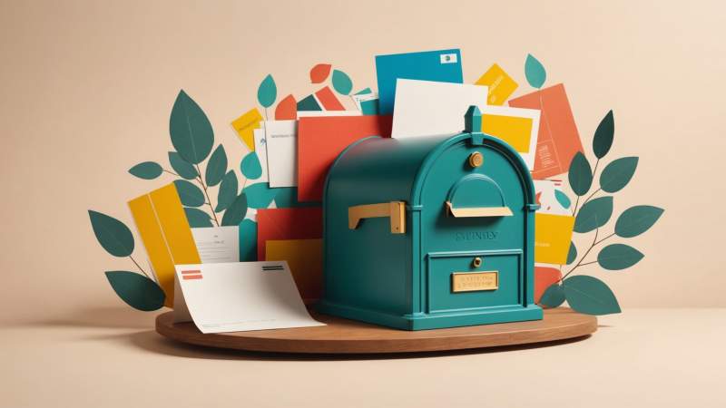 A vintage mailbox surrounded by colorful postcards with Australian cultural symbols, representing sending postcards to friends in Australia.