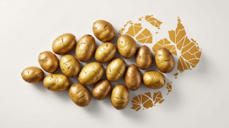 A minimalist illustration of various potatoes with a subtle Australian map outline in the background symbolizing Potato Lovers Day in Australia.