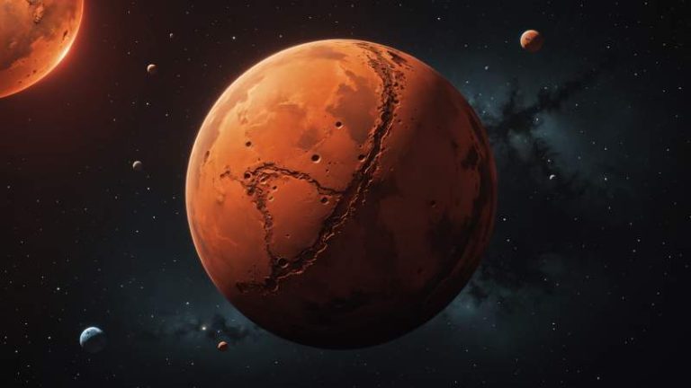 A minimalist vector illustration of the red planet Mars with geometric craters and a subtle outline of Australia integrated into the design, symbolizing Mars Day in Australia.