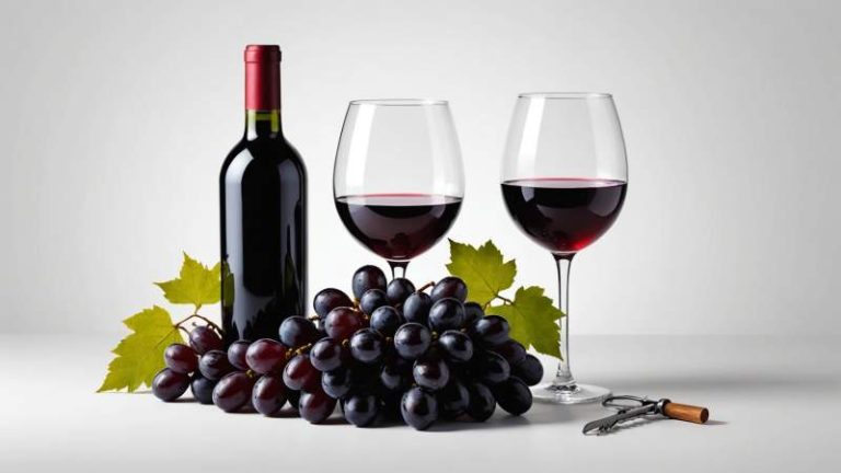 A minimalist illustration showing a glass of red wine, dark grapes, and eucalyptus leaves symbolizing Australian red wine culture.
