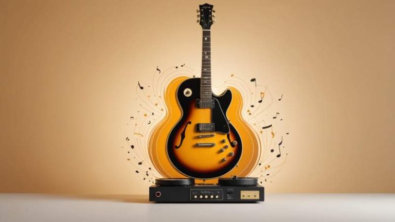 Minimalist illustration of an electric guitar and vinyl record with musical notes symbolizing rock and roll music in Australia.