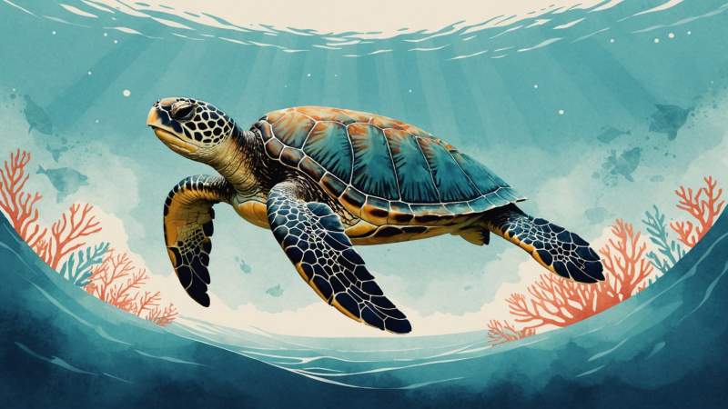 Minimalist illustration of a sea turtle swimming over stylized ocean waves with coral reef elements, symbolizing marine conservation in Australia.