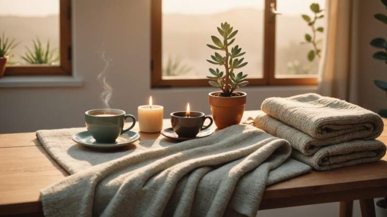 A minimalist illustration of calming objects like tea, candle, plant, and blanket symbolizing self-care in Australia.