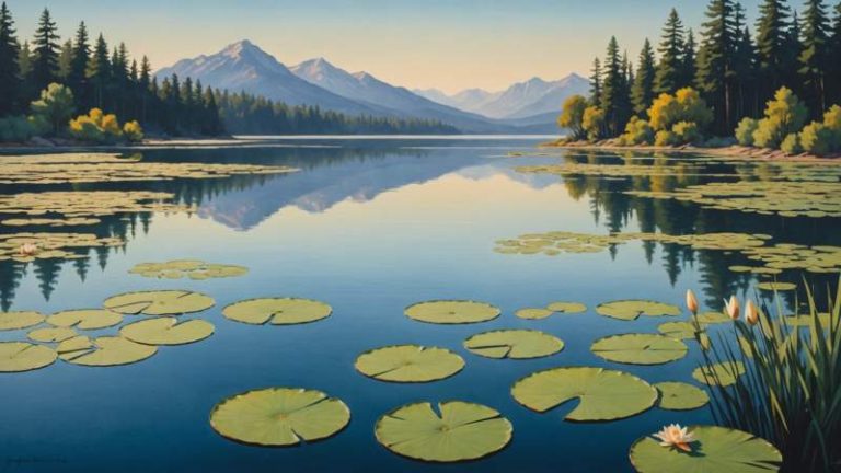 A symbolic illustration of a calm lake with lily pads and eucalyptus leaves representing World Lakes Day in Australia.