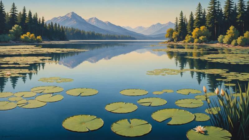 A symbolic illustration of a calm lake with lily pads and eucalyptus leaves representing World Lakes Day in Australia.