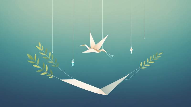 A symbolic illustration featuring a lifeline thread and a paper crane with eucalyptus leaves representing hope and suicide prevention in Australia.