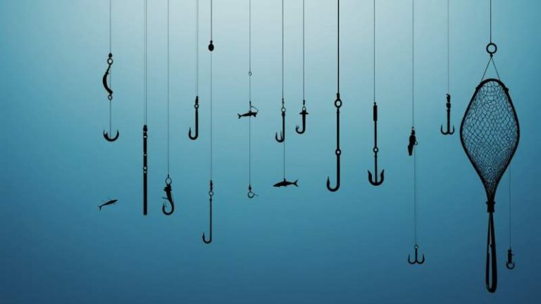 Minimalist illustration of fishing hooks, fish silhouettes, and a net symbolizing World Fishing Day in Australia.
