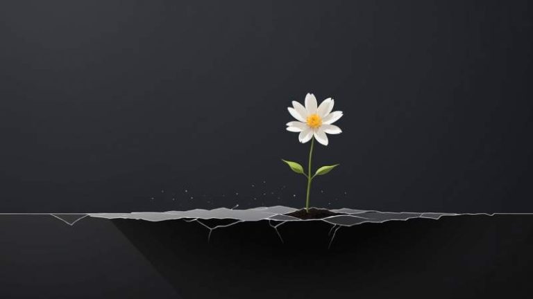 A minimalist illustration of a blooming flower growing from cracked ground symbolizing hope against depression in Australia