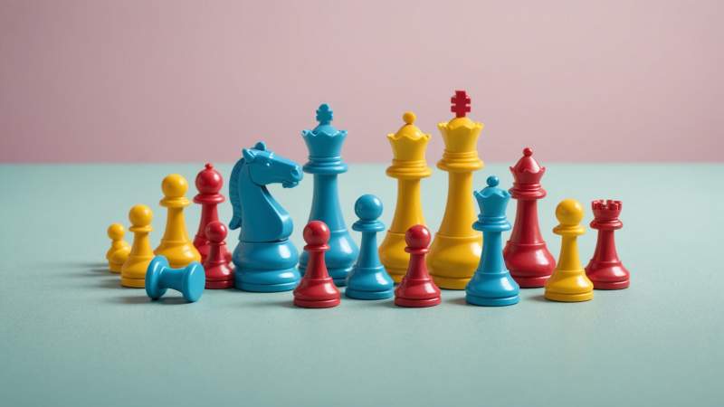 Minimalist flat design illustration of various game pieces like dice, chess pawns, and puzzle pieces symbolizing International Play Day in Australia.