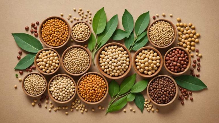 An artistic flat vector illustration of various legumes with native Australian leaves in the background symbolizing World Pulses Day.