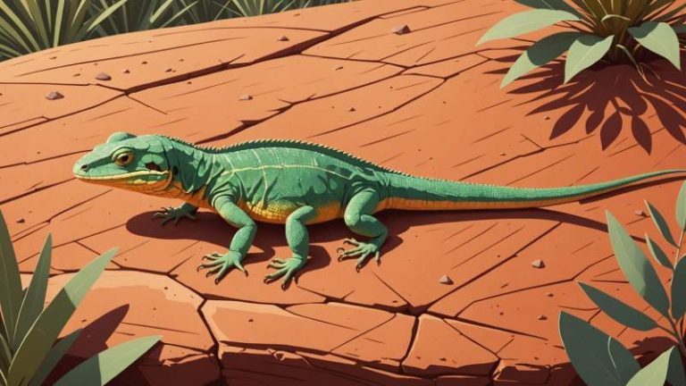 A stylized lizard resting on a sunlit red rock with desert plants and eucalyptus leaves, representing Australian wildlife.