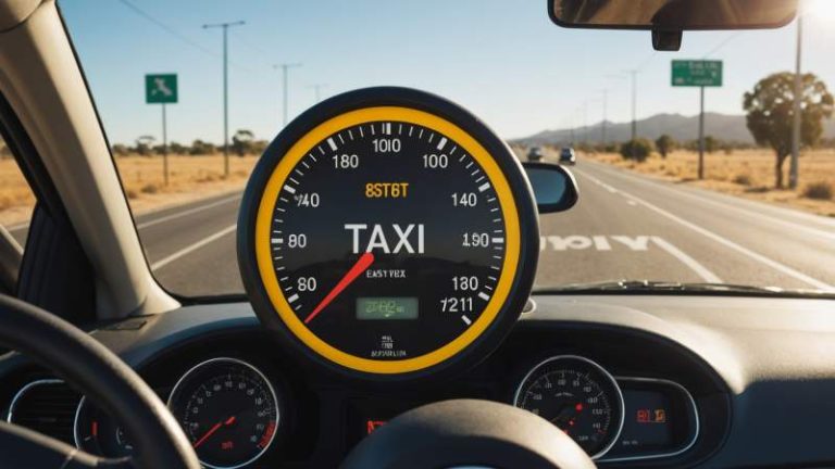 Minimalist illustration of taxi-related symbols including a meter, steering wheel, and Australian map representing taxi drivers in Australia.