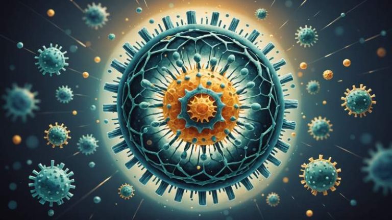 An abstract watercolor illustration of a virus particle with floating cells and masks symbolizing the coronavirus pandemic in Australia.