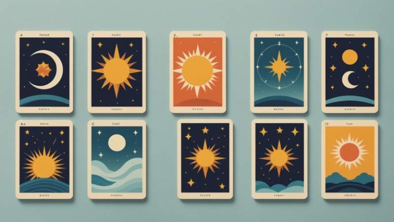 Minimalist flat design of tarot cards with sun, moon, and stars symbols representing World Tarot Day in Australia.
