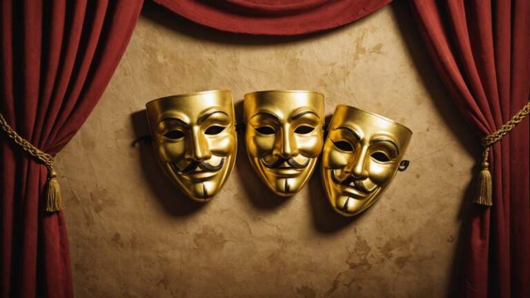 Symbolic illustration of classic comedy and tragedy theater masks with a red curtain background representing World Theatre Day in Australia.