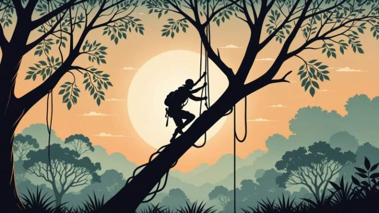 An elegant vector illustration of stylized tree branches with climbing holds and ropes symbolizing tree climbing in Australia.
