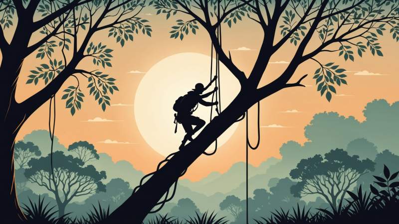 An elegant vector illustration of stylized tree branches with climbing holds and ropes symbolizing tree climbing in Australia.