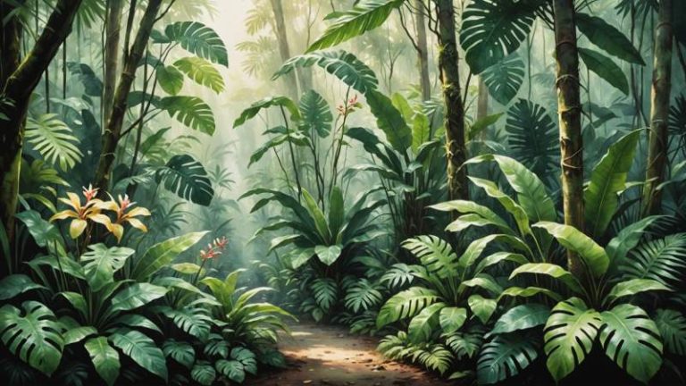 A delicate watercolor illustration of tropical rainforest leaves and exotic plants symbolizing World Tropical Forest Day in Australia.