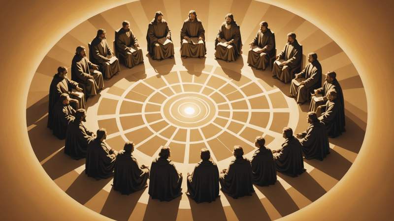 Abstract geometric figures symbolizing the twelve apostles arranged in a circle with soft golden light.