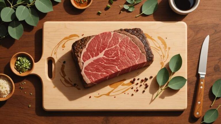 A stylized illustration of a Wagyu beef steak on a wooden board with eucalyptus leaves, representing Wagyu Day in Australia.