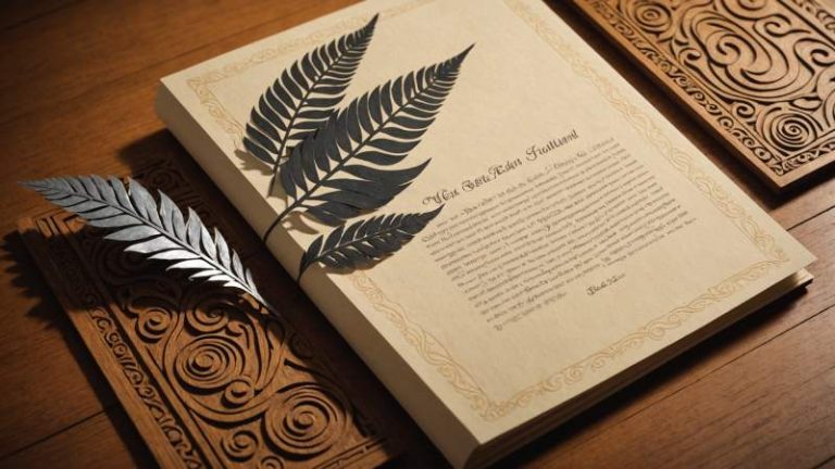 An elegant vector illustration showing a stylized Treaty document with a silver fern and Maori carving patterns symbolizing Waitangi Day in New Zealand.