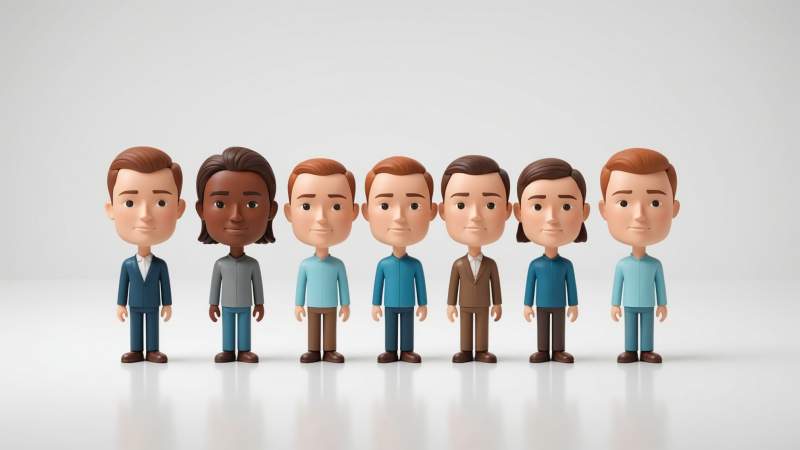 Stylized bobblehead figures with oversized heads gently tilted, symbolizing wobbling heads in a clean minimalist style.