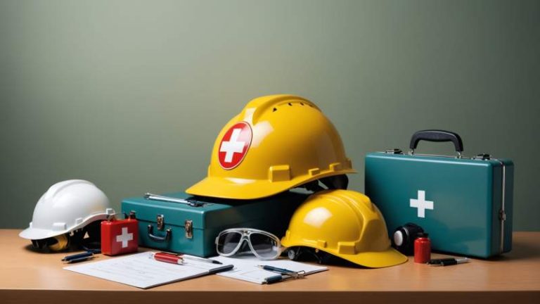 Illustration of safety helmets, first aid kit, checklist, and gear symbolizing workplace safety in Australia.