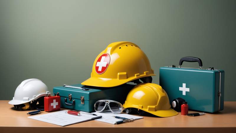 Illustration of safety helmets, first aid kit, checklist, and gear symbolizing workplace safety in Australia.