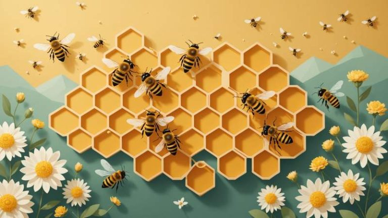 Minimalist illustration of honeycomb and bees with eucalyptus flowers symbolizing World Bee Day in Australia.