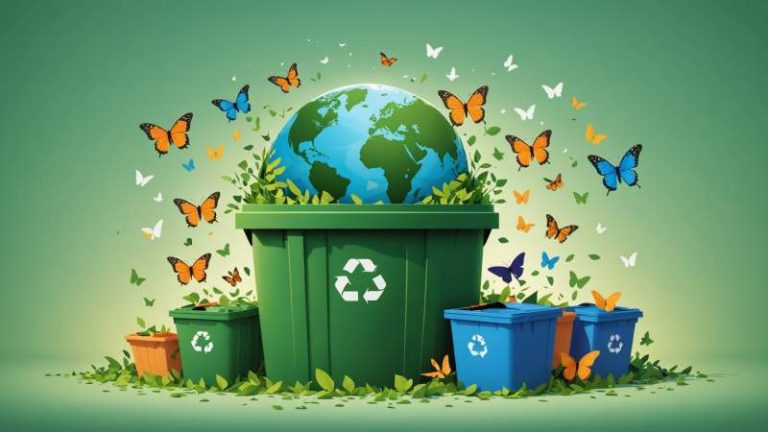 Illustration showing recycling bins and a globe with green leaves symbolizing World Cleanup Day in Australia.