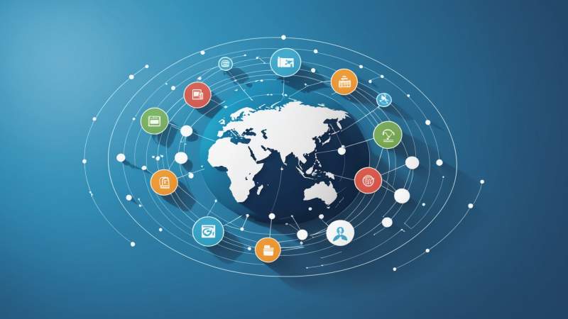Minimalist vector illustration of digital icons representing global information exchange for World Information Day in Australia.