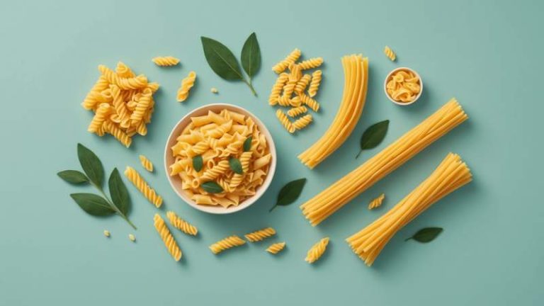 Minimalist vector illustration of various pasta shapes with subtle Australian cultural symbols on a soft pastel background representing World Pasta Day.