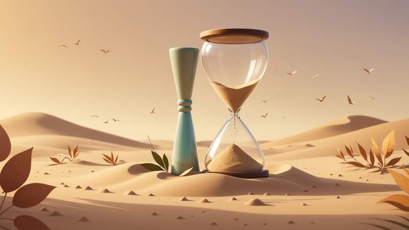A minimalist illustration of a large hourglass with flowing sand surrounded by pastel leaves symbolizing relaxation and mindfulness for World Slow Day in Australia.