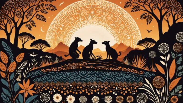 An elegant vector illustration showing Aboriginal Australian symbols like dot paintings, boomerangs, and native plants symbolizing indigenous literacy and culture.