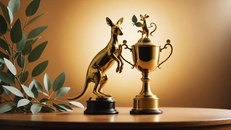 An elegant vector illustration of a golden trophy cup with eucalyptus leaves and a kangaroo silhouette symbolizing the Adelaide Cup in Australia.